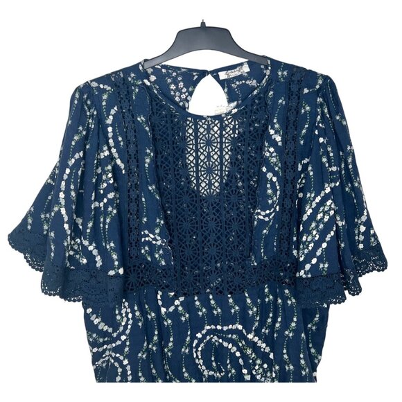Free People Bali Tate Navy Floral Lace-Trimmed Bodysuit Open Back Size XL - Picture 9 of 16